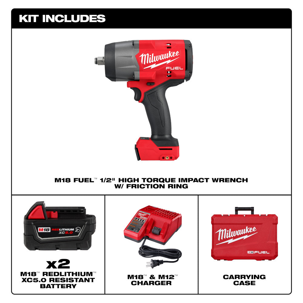Milwaukee 2967-22 18V M18 FUEL™ 1/2" High Torque Impact Wrench w/ Friction Ring  Kit 5.0 Ah