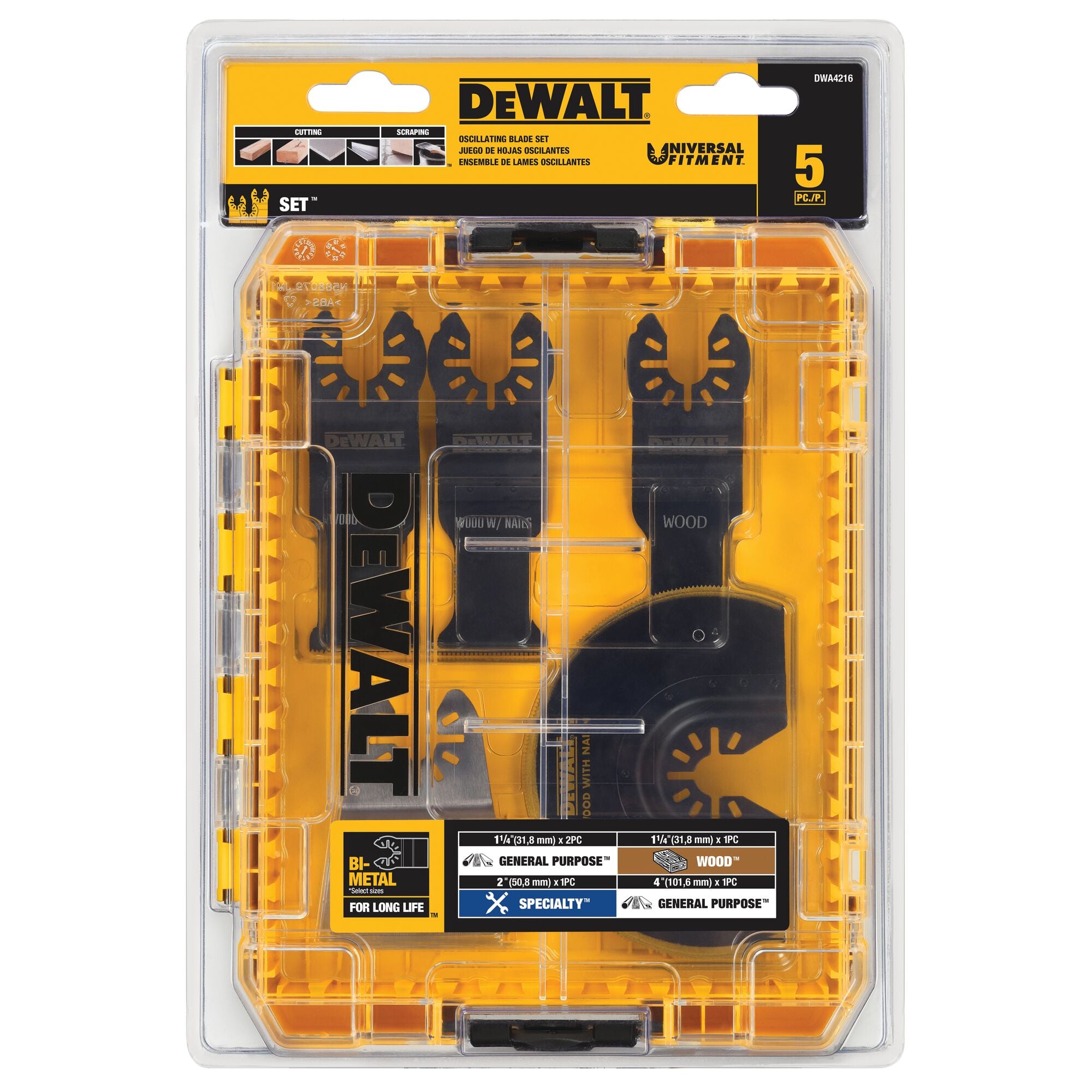 Dewalt DWA4216 5 piece osciallating tool kit, in packaging.