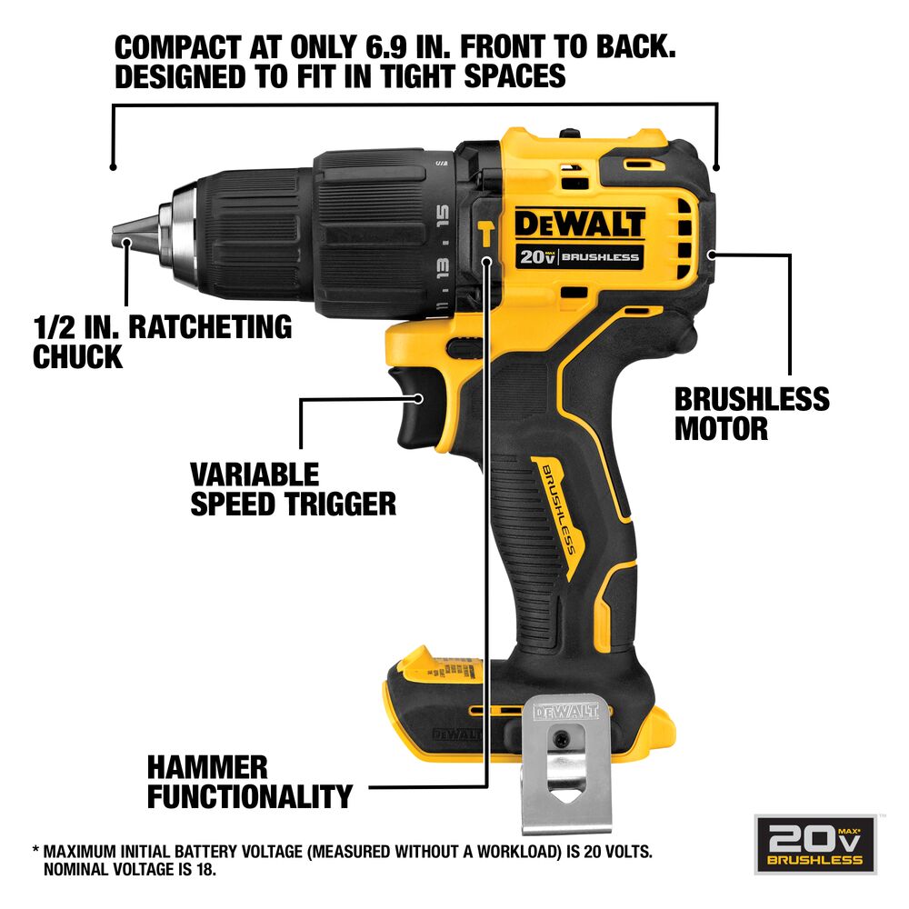 DEWALT DCK279C2 ATOMIC 20V MAX Lithium-Ion Brushless Cordless 2-Tool Combo Kit with 1/2" Hammer Drill/Driver and 1/4" Impact Driver 1.3 Ah