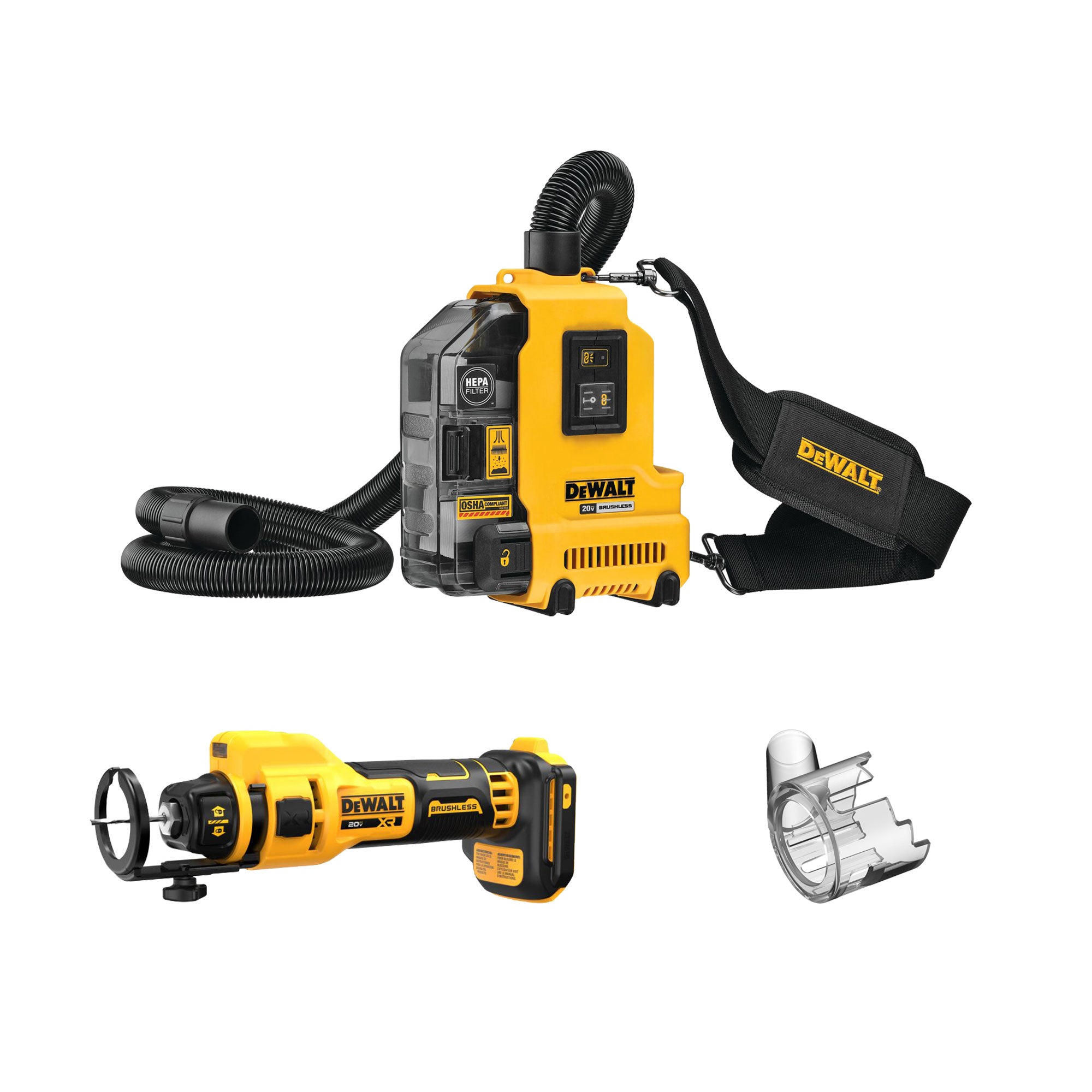 DEWALT DCE555B with DCE555DC & DWH161B 20V MAX Lithium-Ion Brushless Cordless Drywall Starter Kit with Drywall Cut-Out Tool, Dust Shroud Attachment, and 20V MAX Brushless Universal Dust Extractor