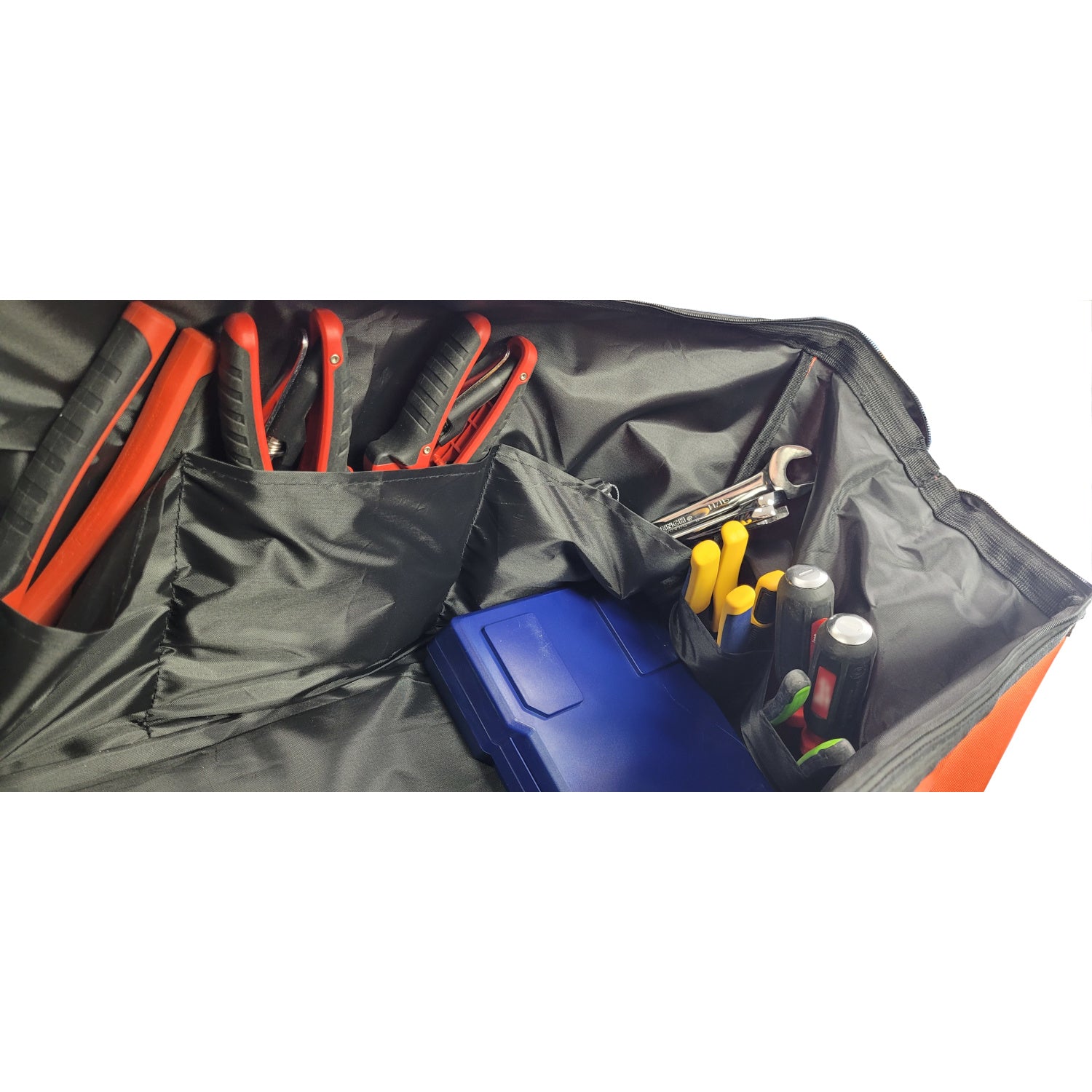 Interior pockets of the Max Promo Tool Bag. Shown with various tools that are not included.