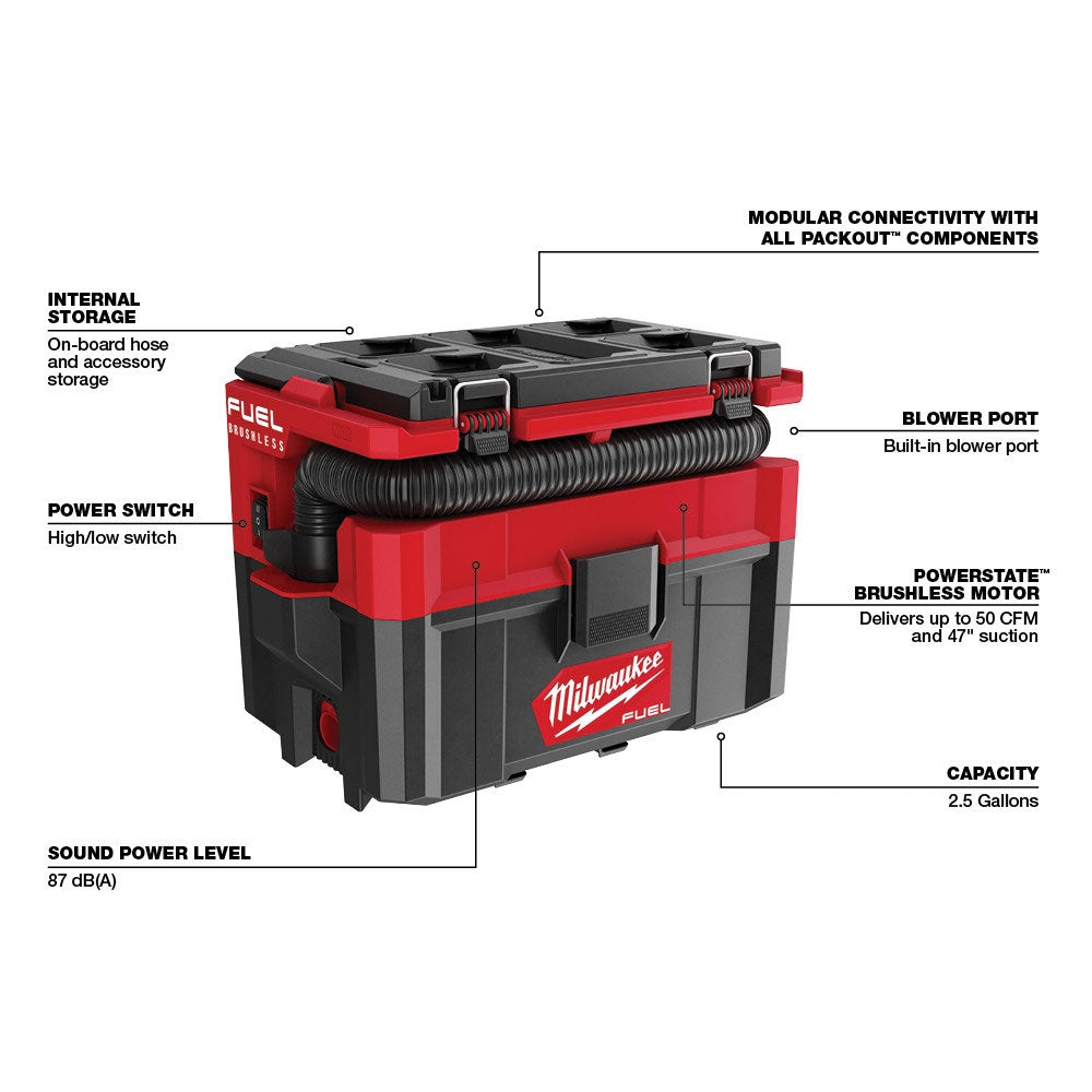 Milwaukee 0970-20 M18 Fuel Packout 2.5 Gallon Wet/Dry Vacuum (Tool Only)