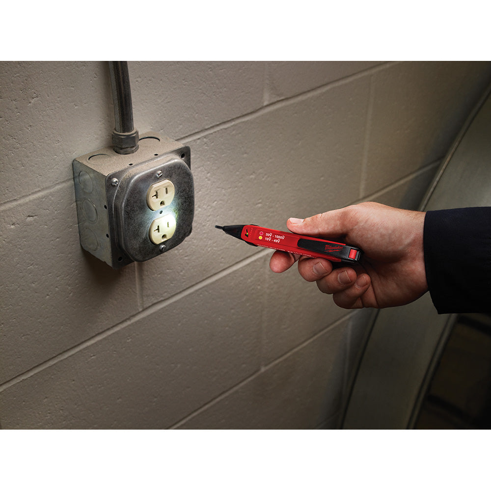 Milwaukee 2203-20 10-1000V Dual Range Voltage Detector has a built-in LED light for dark areas.