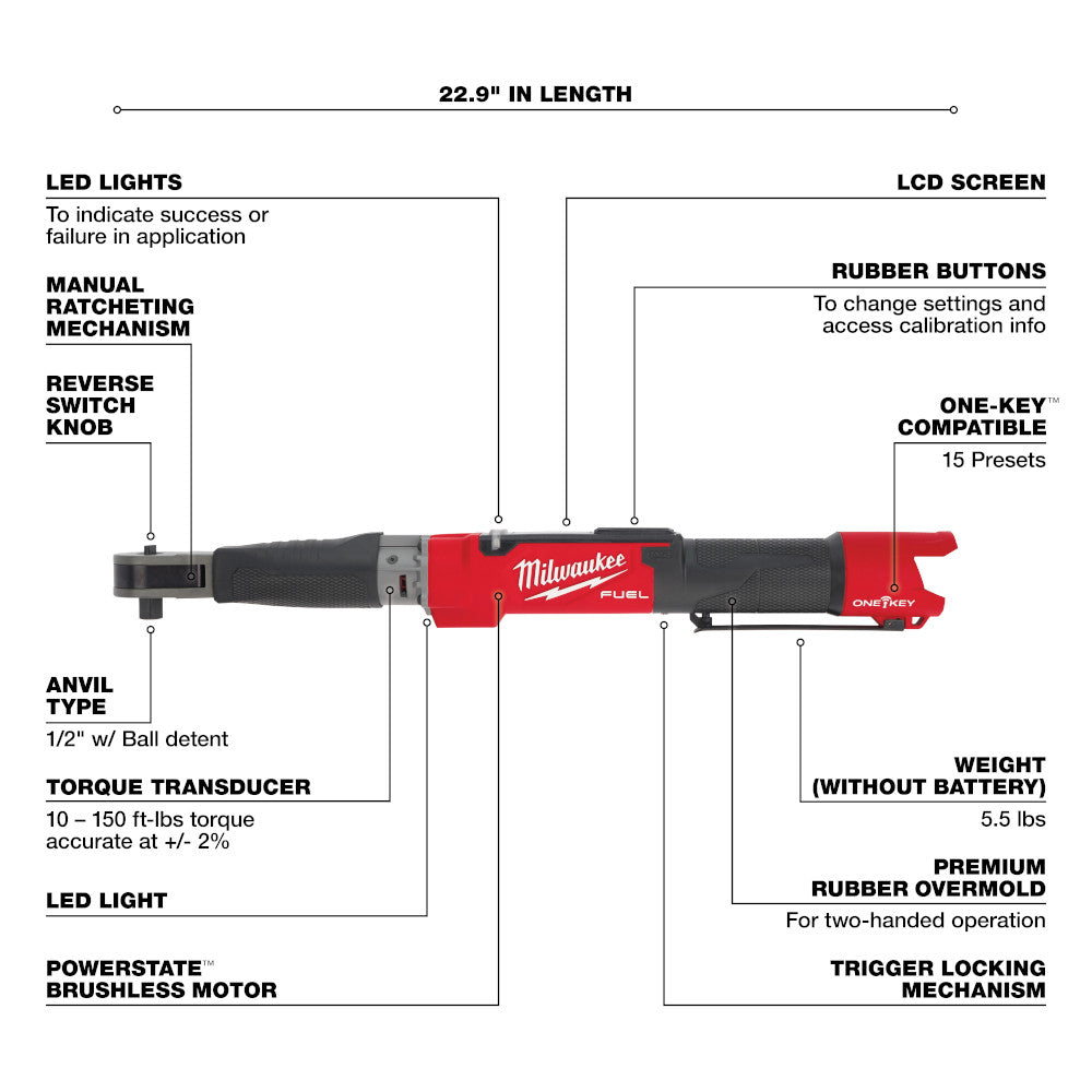 Milwaukee 2466-20 12V M12 FUEL ONE-KEY Lithium-Ion Cordless 1/2" Digital Torque Wrench (Tool Only)