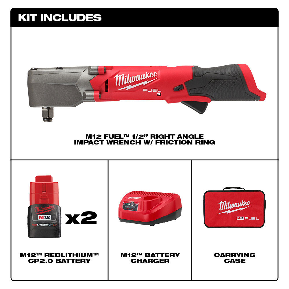 Milwaukee 2565-22 12V M12 FUEL Lithium-Ion Brushless Cordless 1/2" Right Angle Impact Wrench with Friction Ring Kit 2.0 Ah