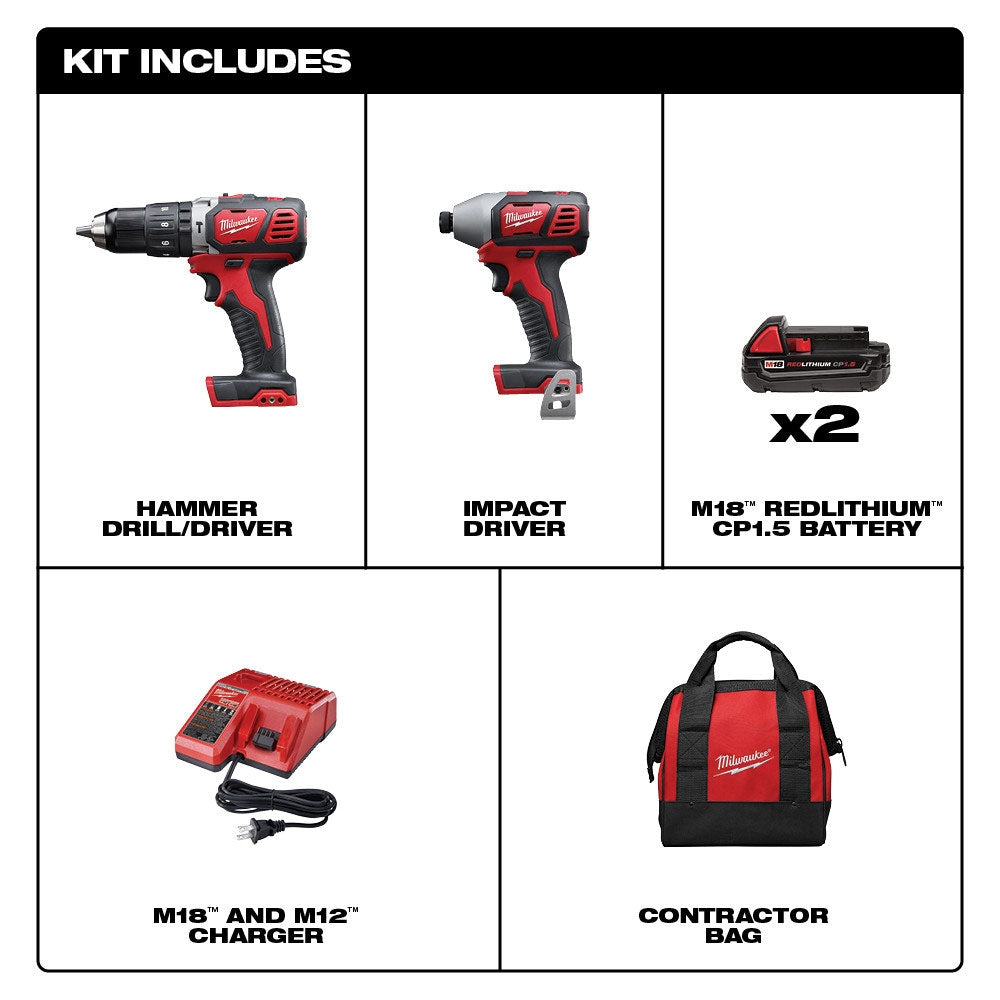 Milwaukee 2691-22 18V M18 Lithium-Ion Cordless 2-Tool Combo Kit with 1/2" Compact Drill/Driver and 1/4" Hex Impact Driver 1.5 Ah