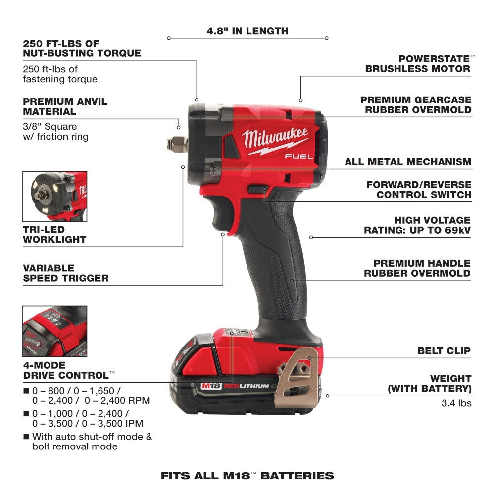 Milwaukee 2854-22CT M18 FUEL 18V Lithium-Ion Brushless Cordless 3/8" Compact Impact Wrench with Friction Ring Kit 2.0 Ah