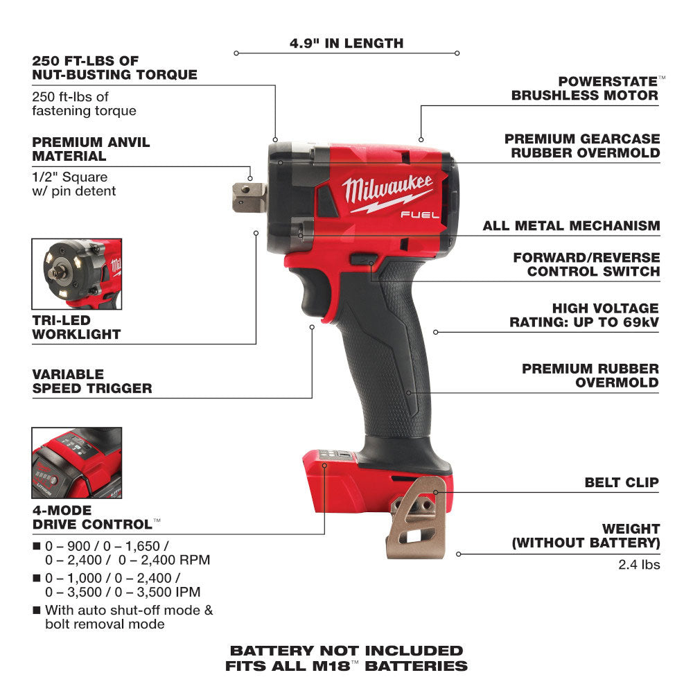 Milwaukee 2855P-20 18V M18 FUEL Lithium-Ion Brushless Cordless 1/2" Compact Impact Wrench with Pin Detent (Tool Only)