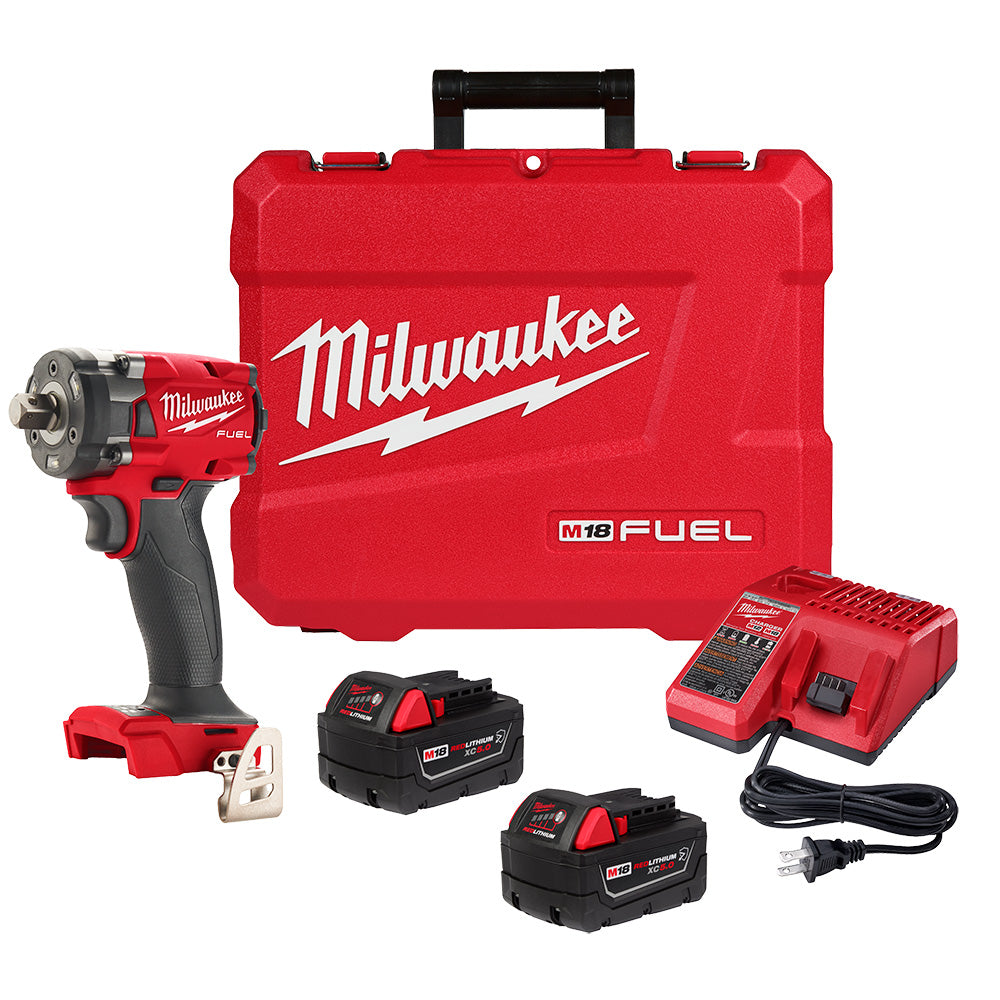 Milwaukee 2855P-22R 18V M18 FUEL Lithium-Ion Brushless Cordless 1/2" Compact Impact Wrench with Pin Detent Kit (5.0 Ah Resistant Batteries)