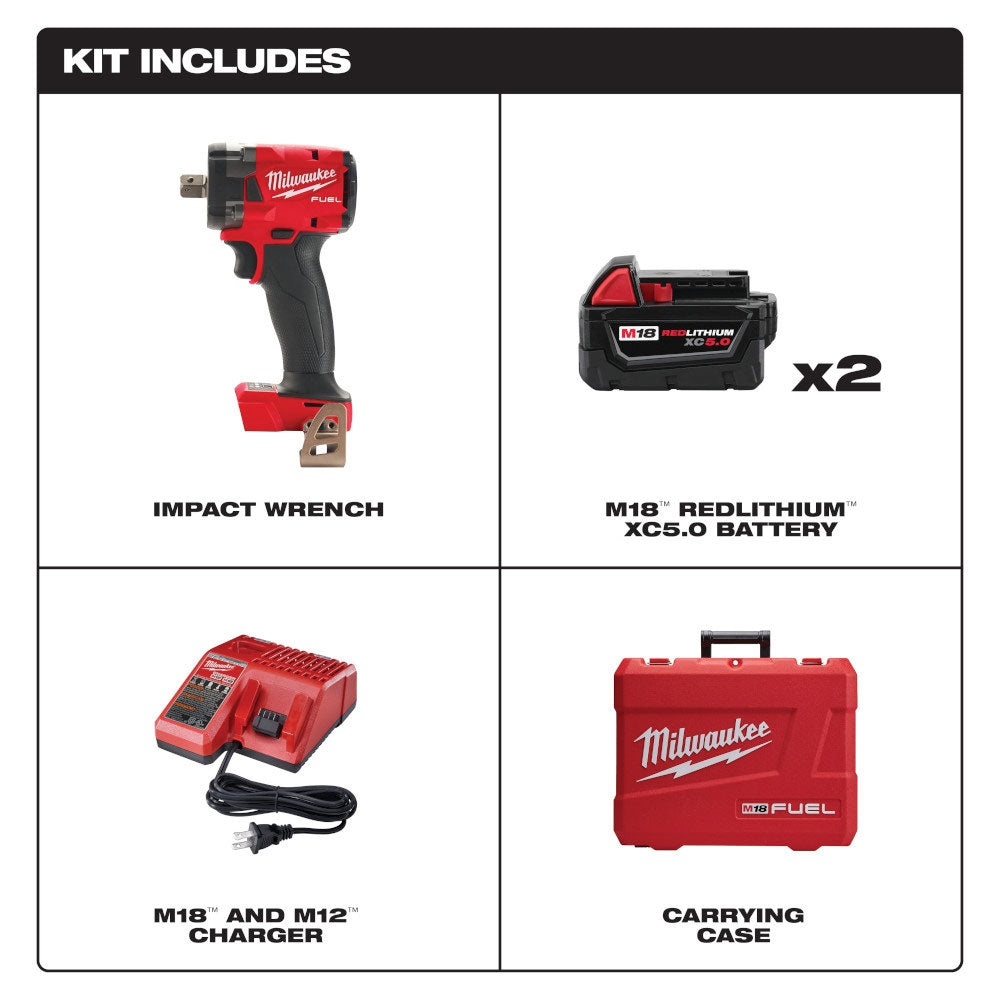 Milwaukee 2855P-22 M18 FUEL 18V Lithium-Ion Brushless Cordless 1/2" Compact Impact Wrench with Pin Detent Kit 5.0 Ah