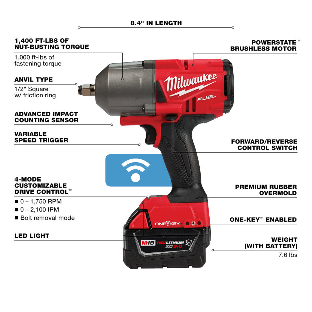 Milwaukee 2863-22R M18 FUEL 18V ONE-KEY Lithium-Ion Brushless Cordless 1/2" High-Torque Impact Wrench with Friction Ring Kit (5.0 Ah Resistant Batteries)