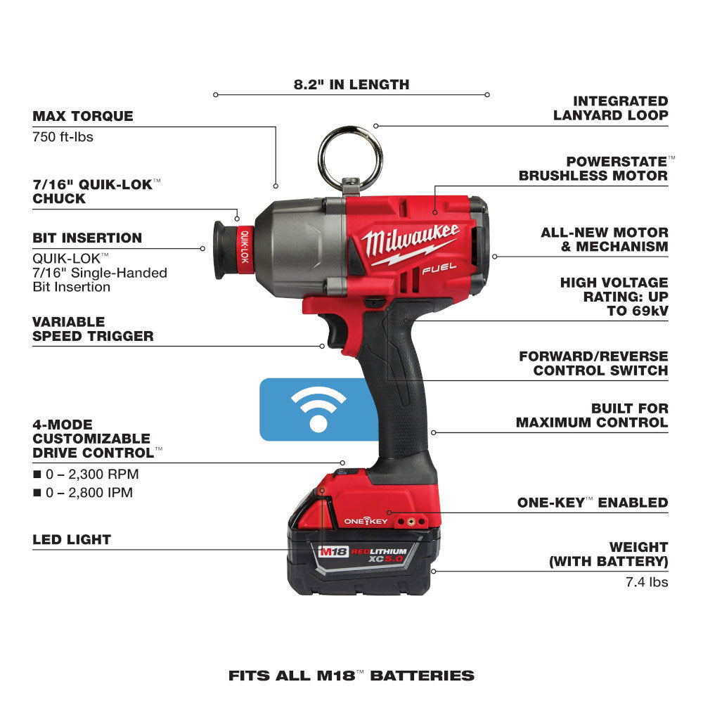 18V M18 FUEL ONE-KEY Lithium-Ion Brushless Cordless 7/16" Hex Utility High-Torque Impact Wrench Kit 5.0 Ah