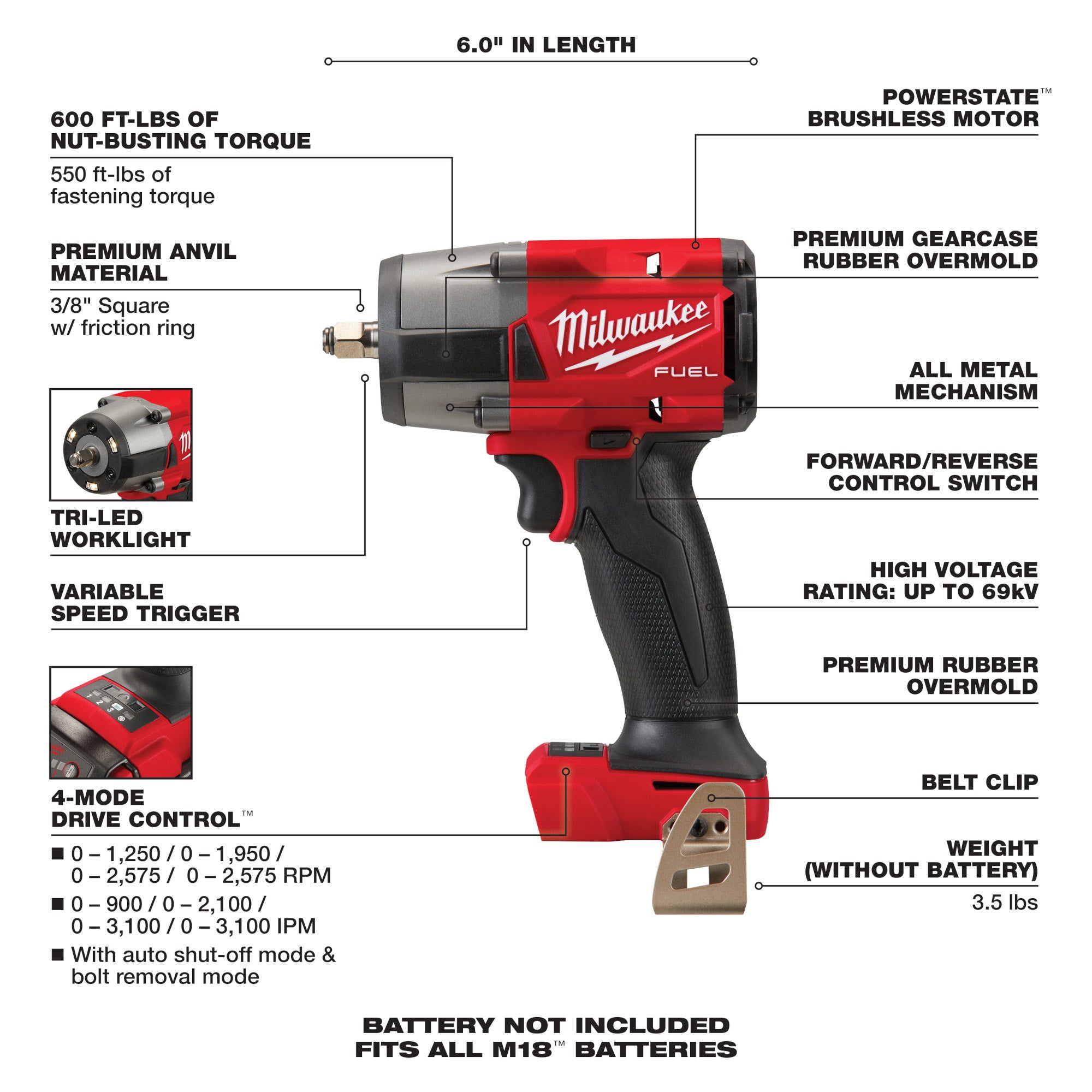 Milwaukee 2960-20 18V M18 FUEL Lithium-Ion Brushless Cordless 3/8" Mid-Torque  Impact Wrench w/ Friction Ring (Tool Only) —