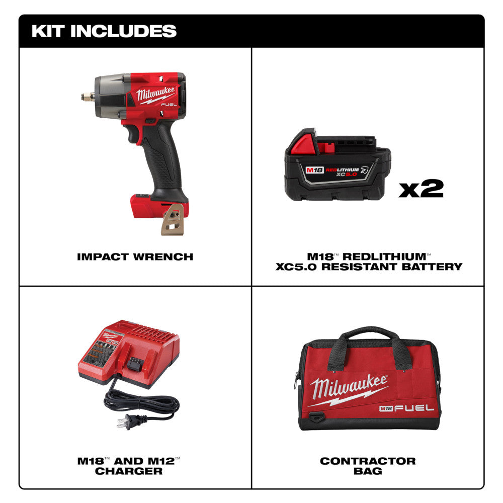 M18 FUEL 18V Lithium-Ion Brushless Cordless 3/8" Mid-Torque Impact Wrench with Friction Ring Kit (5.0 Ah Resistant Batteries)