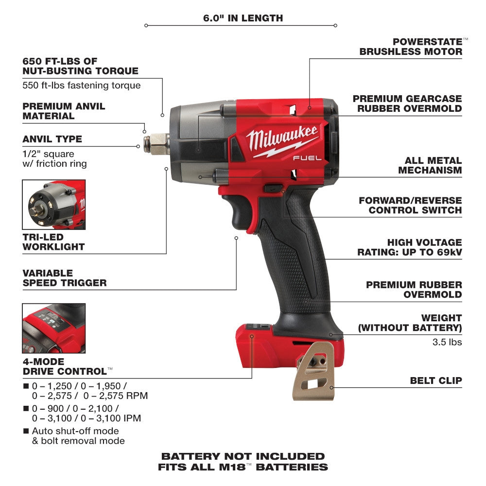 Milwaukee 2962-20 18V M18 FUEL Lithium-Ion Brushless Cordless 1/2" Mid-Torque Impact Wrench w/ Friction Ring (Tool Only)
