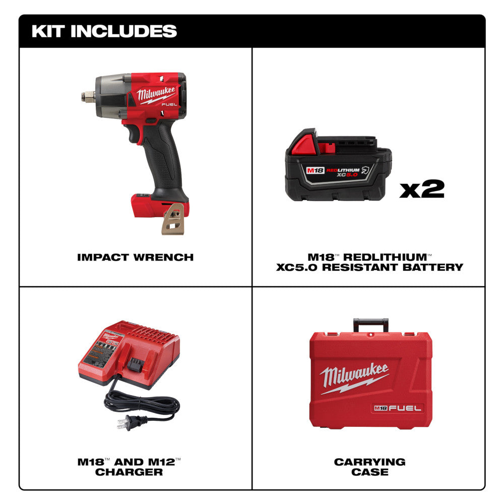 Milwaukee 2962-22R M18 FUEL Lithium-Ion Brushless Cordless 1/2" Mid-Torque Impact Wrench w/ Friction Ring Kit (5.0 Ah Resistant Batteries)