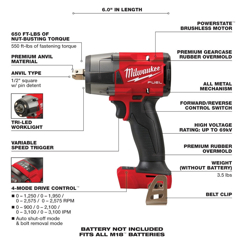 Milwaukee 2962P-20 M18 FUEL 18V Lithium-Ion Brushless Cordless 1/2" Mid-Torque Impact Wrench with Pin Detent (Tool Only)
