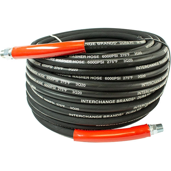 Interchange Brands 3649 3/8" x 50' 6000 PSI Threaded Black Wrapped Cover High-Pressure Heavy-Duty Solid/Swivel Ends R2 Pressure Washer Hose