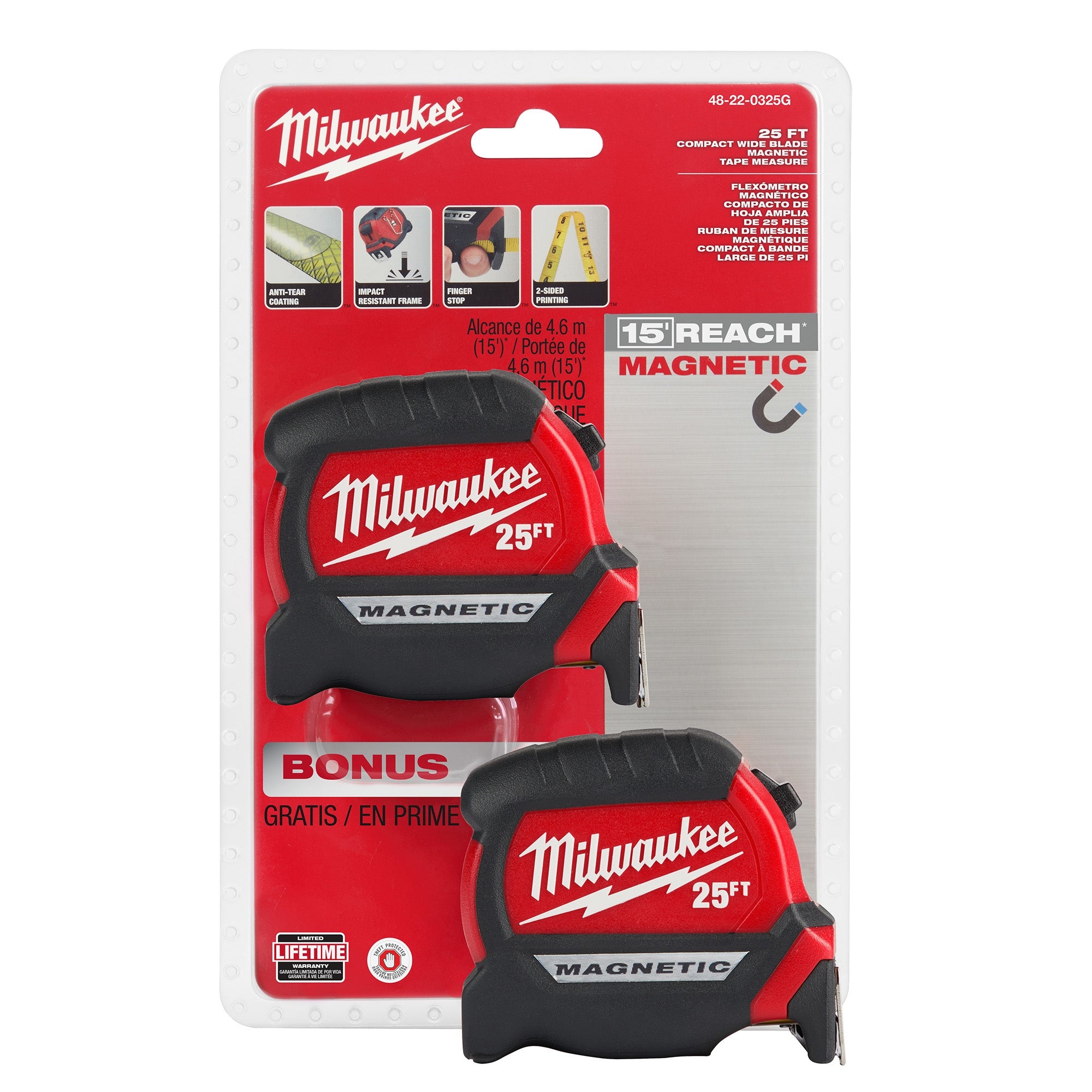 Milwaukee 48-22-0325G 25' Compact Wide Blade Magnetic Tape Measure 2-Pack