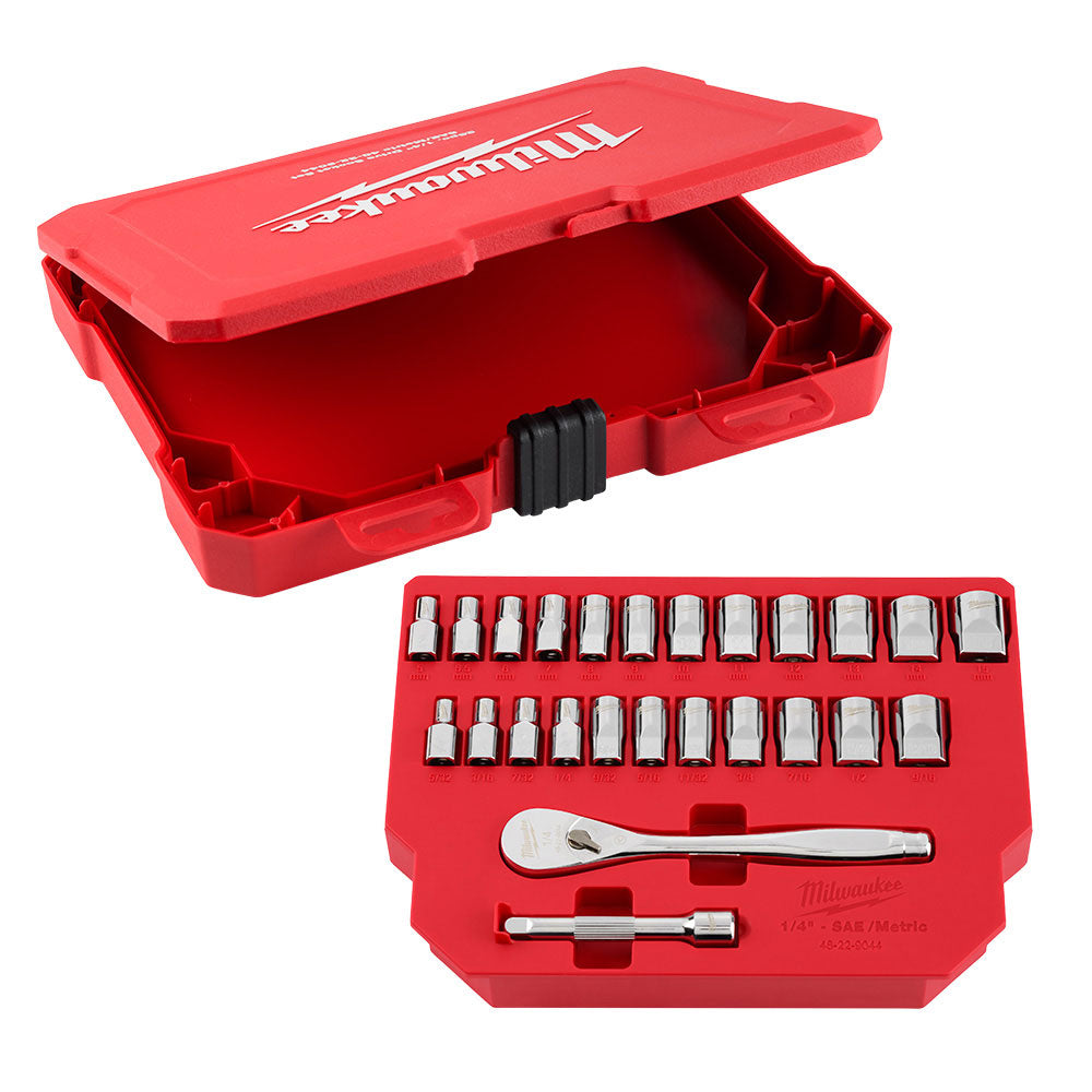 Milwaukee 48-22-9044 25-Piece 1/4" Drive Metric & SAE Ratchet and Socket Set with Four Flat Sides