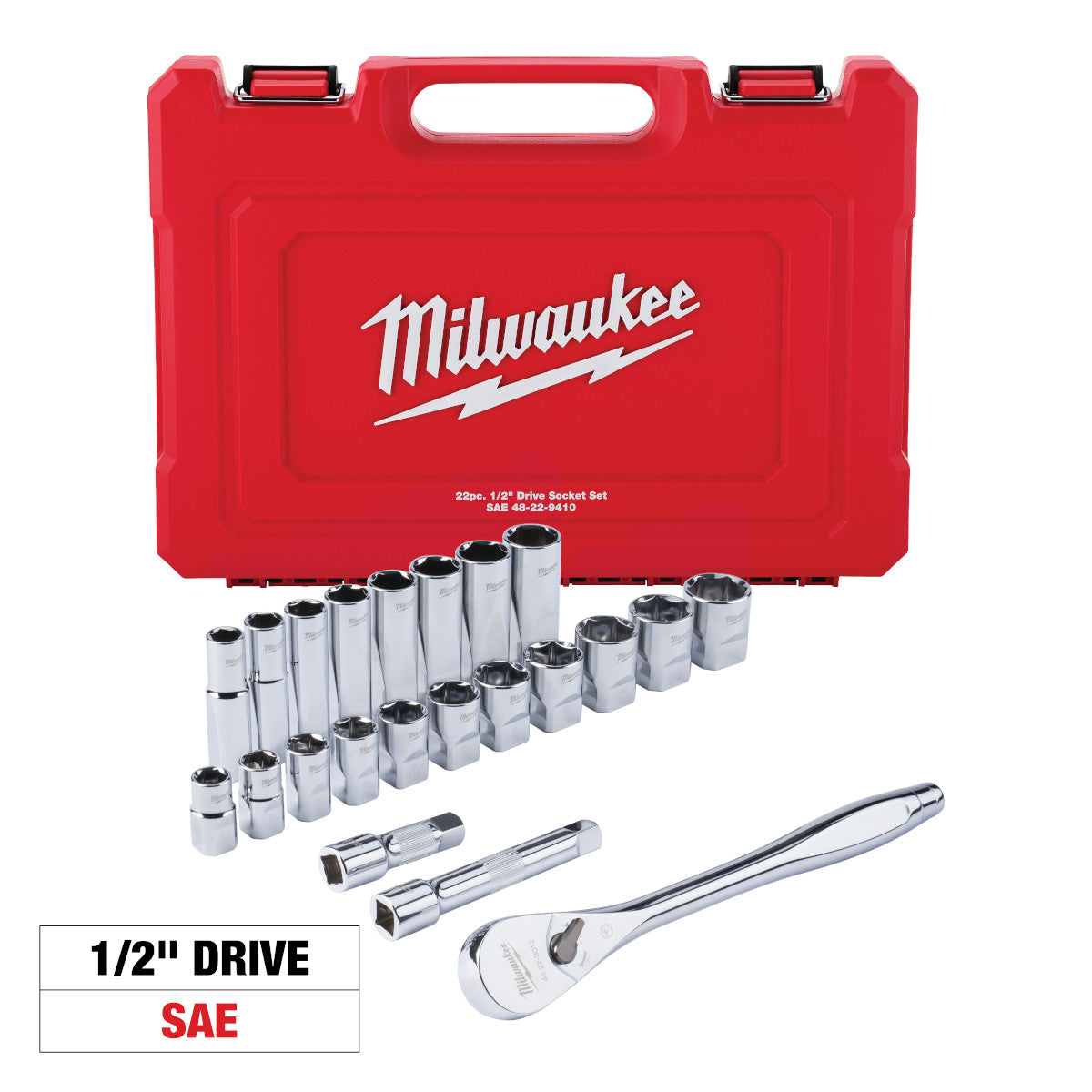 Milwaukee 48-22-9410 22-Piece Ratchet & Socket Set with FOUR FLAT Sides (1/2" Drive) (SAE)  