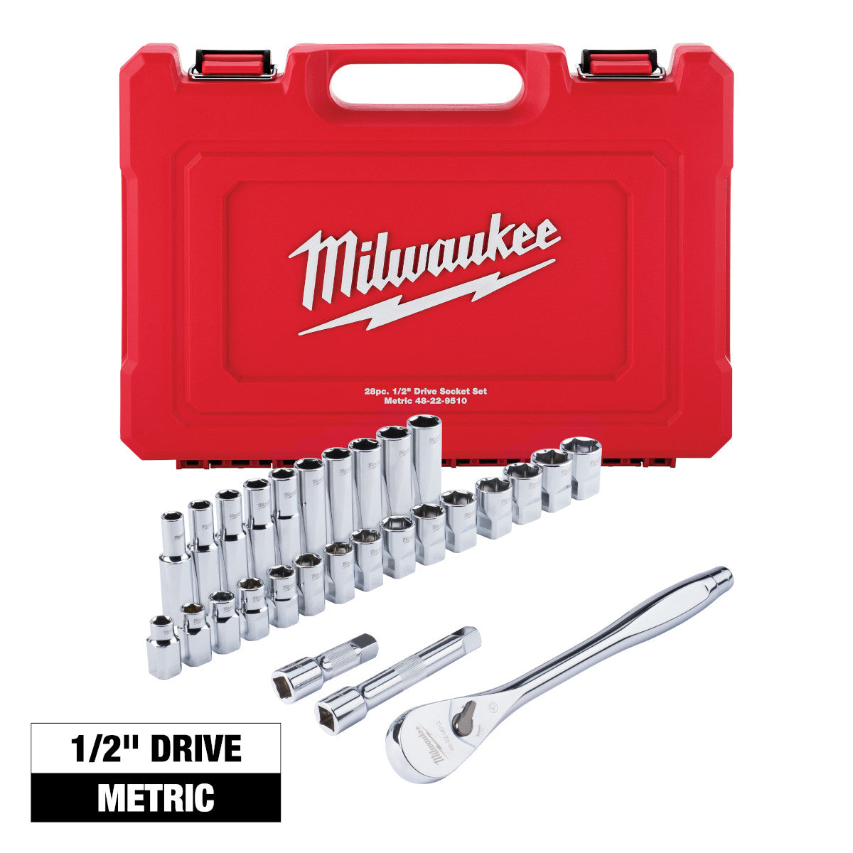 Milwaukee 48-22-9510 28-Piece Ratchet & Socket Set with FOUR FLAT Sides (1/2" Drive) (Metric) 