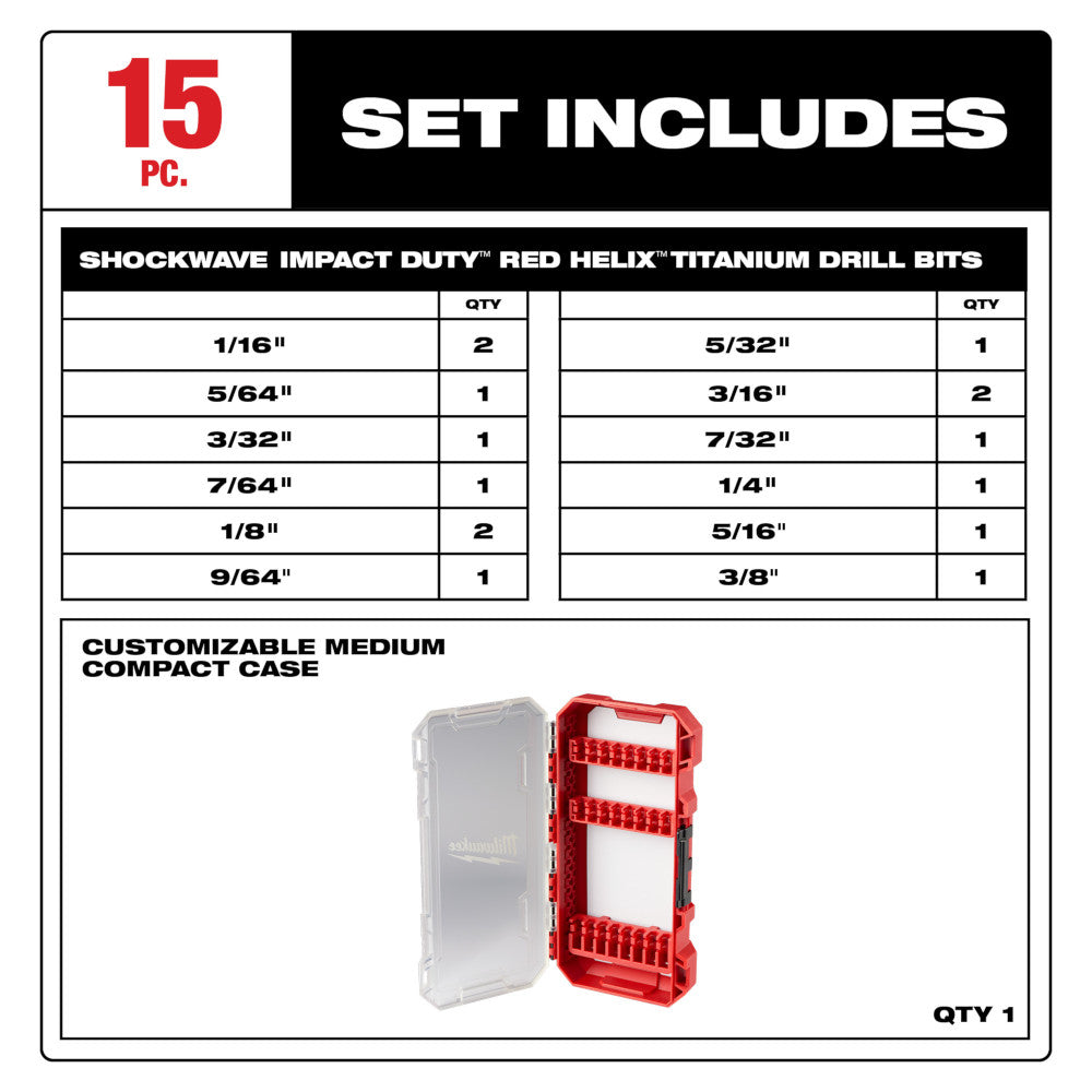 Milwaukee 48-89-4670 15-Piece Shockwave Impact Duty Red Helix Titanium Drill Bit Set