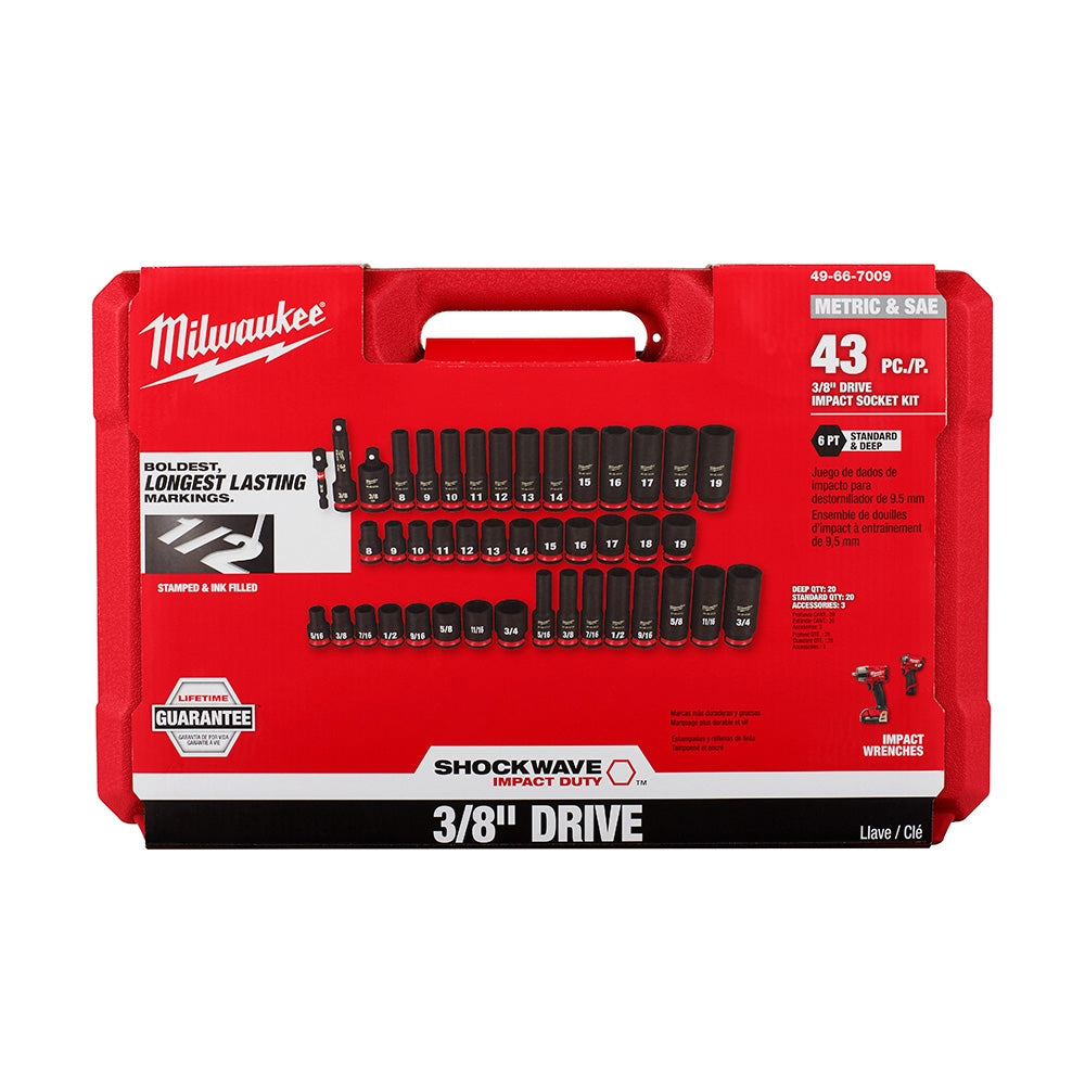 Milwaukee 49-66-7009 43-Piece SHOCKWAVE Impact Duty 3/8" Drive SAE & Metric Deep 6 Point Socket Set