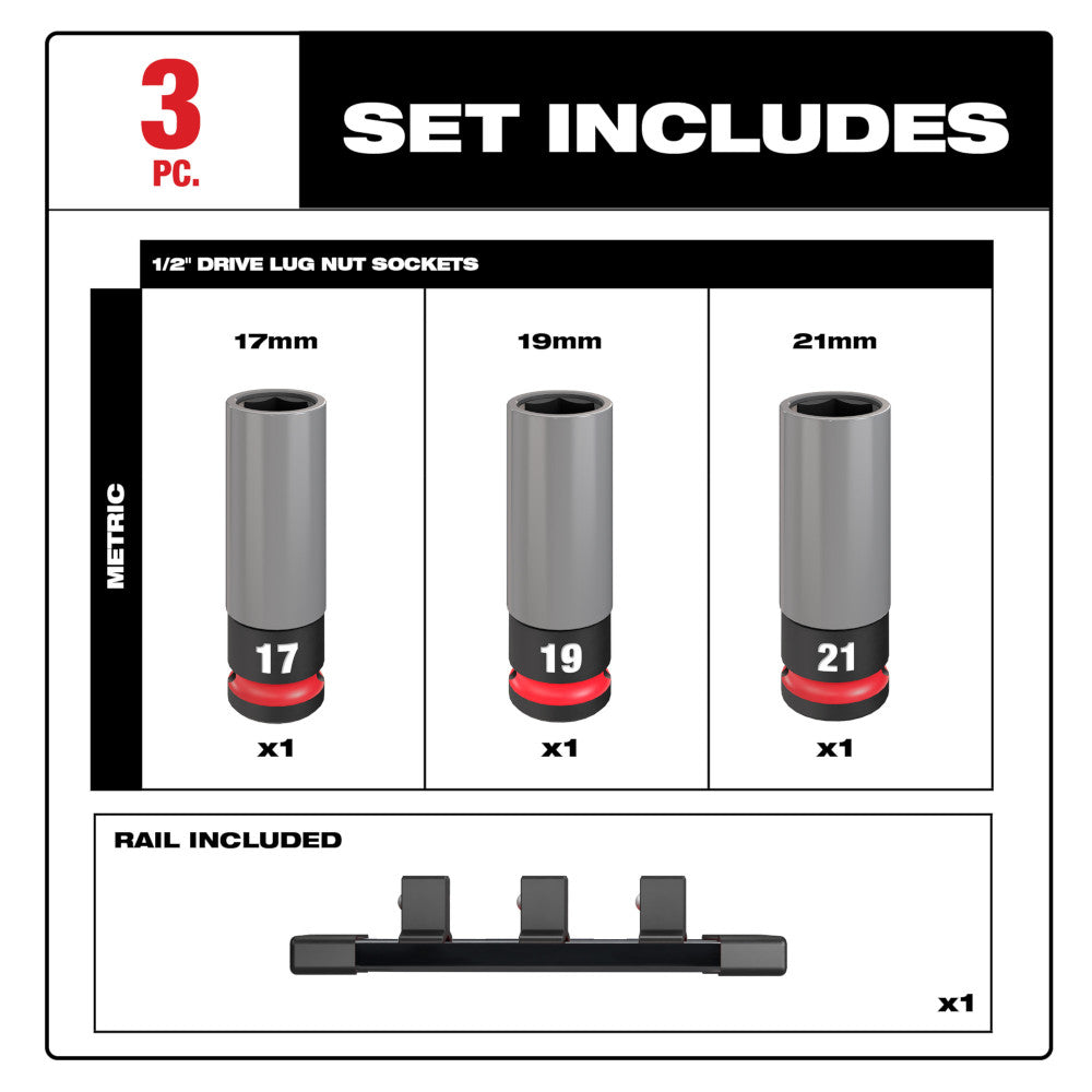 SHOCKWAVE Impact Duty 1/2" Drive Metric 3-Piece Lug Nut Wheel Socket Set