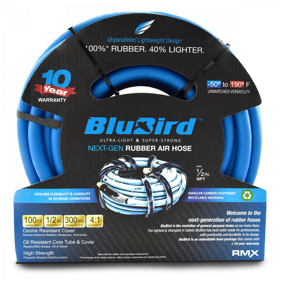 BluBird BB12100 1/2" x 100' 300 PSI 1/2" NPT with 3/8 NPT Reducer Polyester Braided Rubber Air Hose