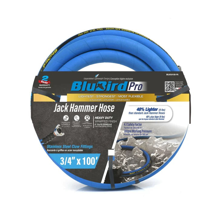 BluBird BBJH34100 3/4" x 100' 300 PSI 3/4" Hose Barb Polyester Braided Jack Hammer Rubber Air Hose