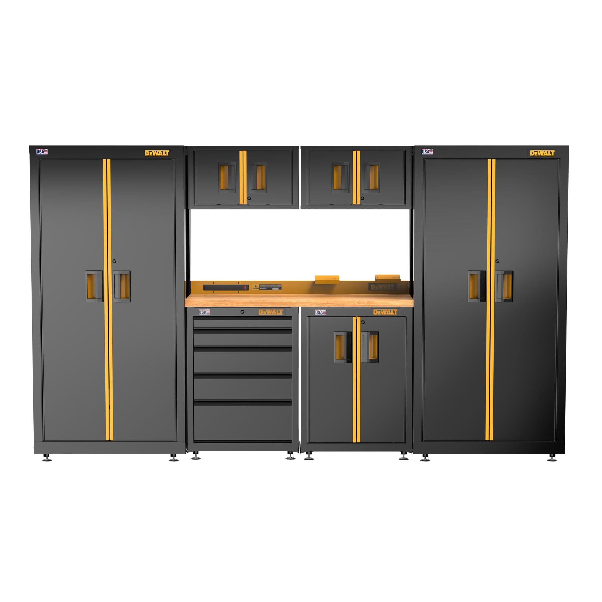 DEWALT DWST27501 Welded Storage Suite: 126" Wide, 7 Piece Suite with 2-Door and 5-Drawer Base Cabinets and Wood Top