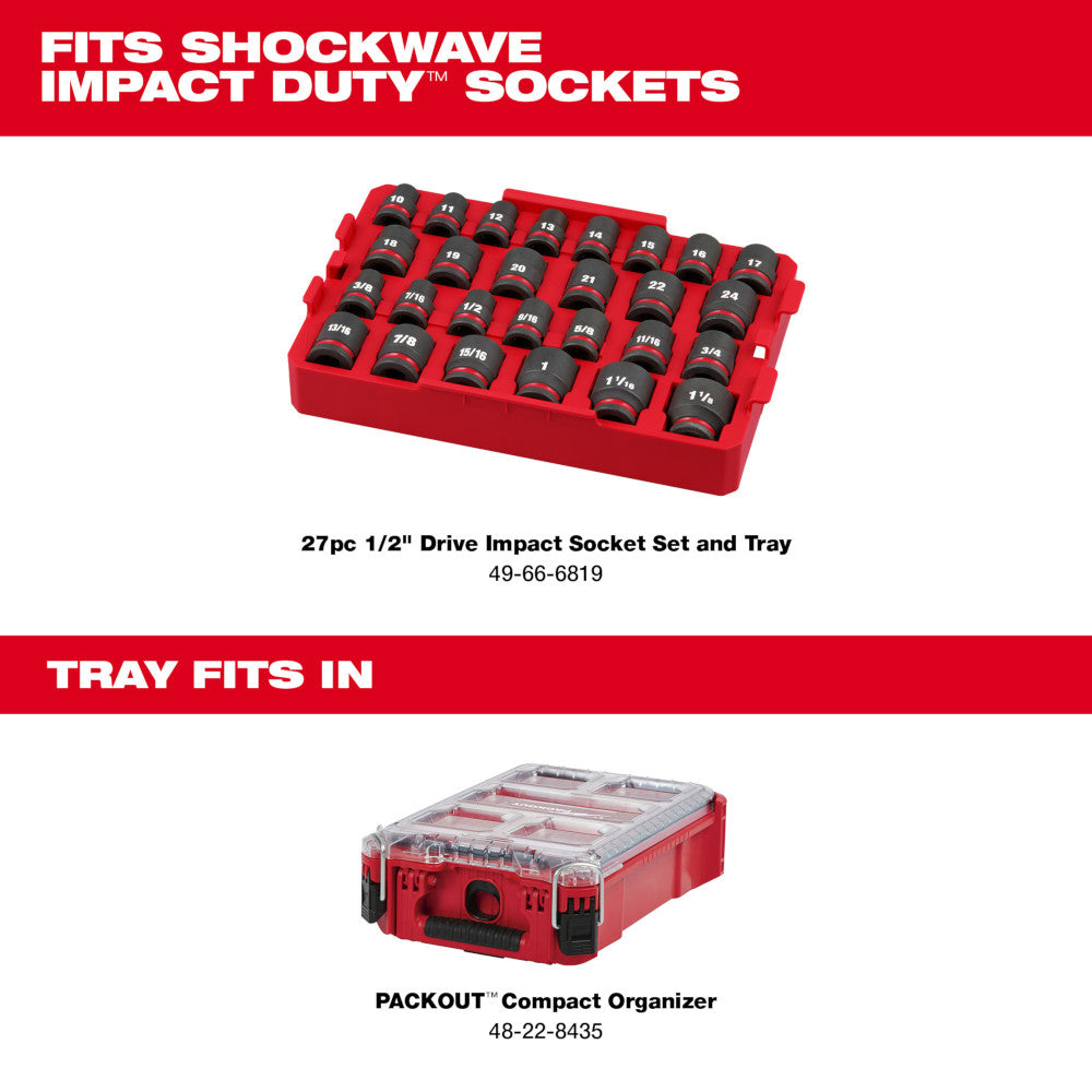 Milwaukee 49-66-6819 27-Piece SHOCKWAVE Impact Duty 1/2” Drive SAE & Metric PACKOUT Tray Socket Set