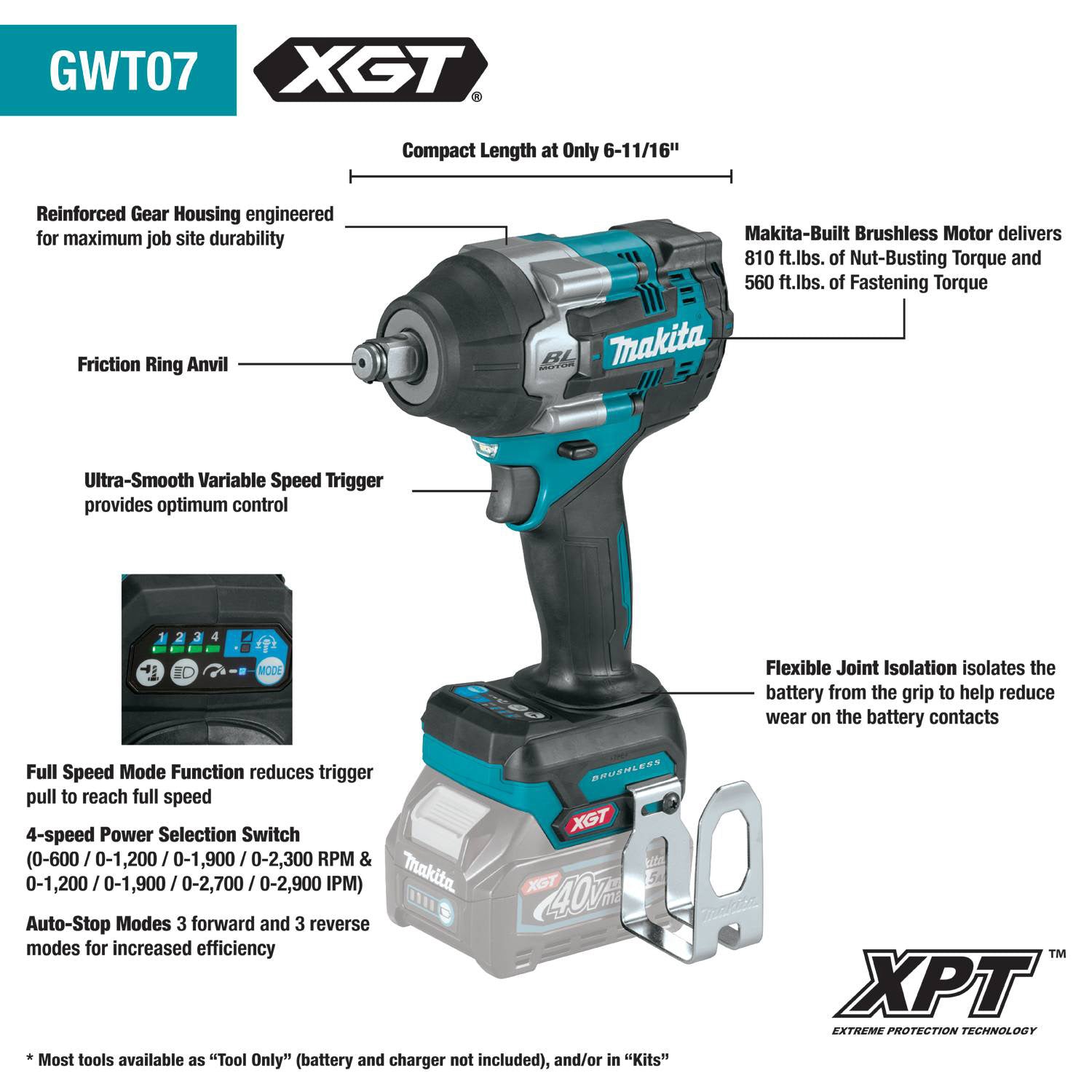 40V Max XGT Lithium-Ion Brushless Cordless 1/2" Square Drive 4‑Speed Mid‑Torque Impact Wrench w/ Friction Ring Anvil (Tool Only)