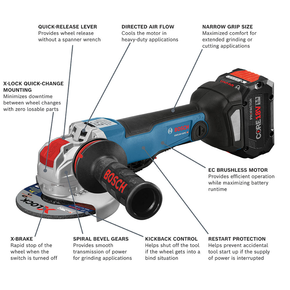Bosch GWX18V-50PCB14 18V X-LOCK Lithium-Ion Brushless Cordless 4-1/2" – 5" Connected-Ready Angle Grinder Kit w/ CORE18V 8.0 Ah Performance Battery