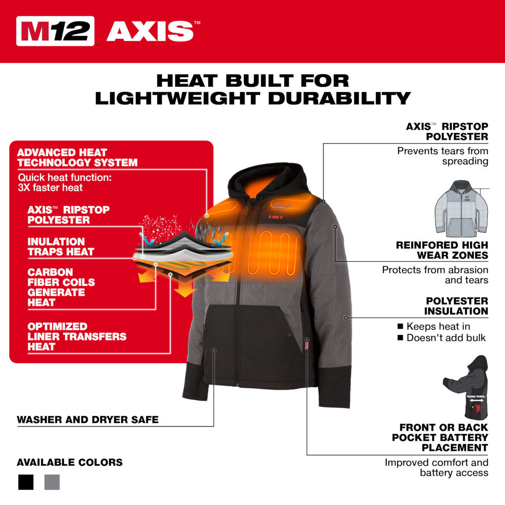 Milwaukee 205B-21L M12 12V Cordless Black Heated Axis Hooded Jacket Kit, Size Large