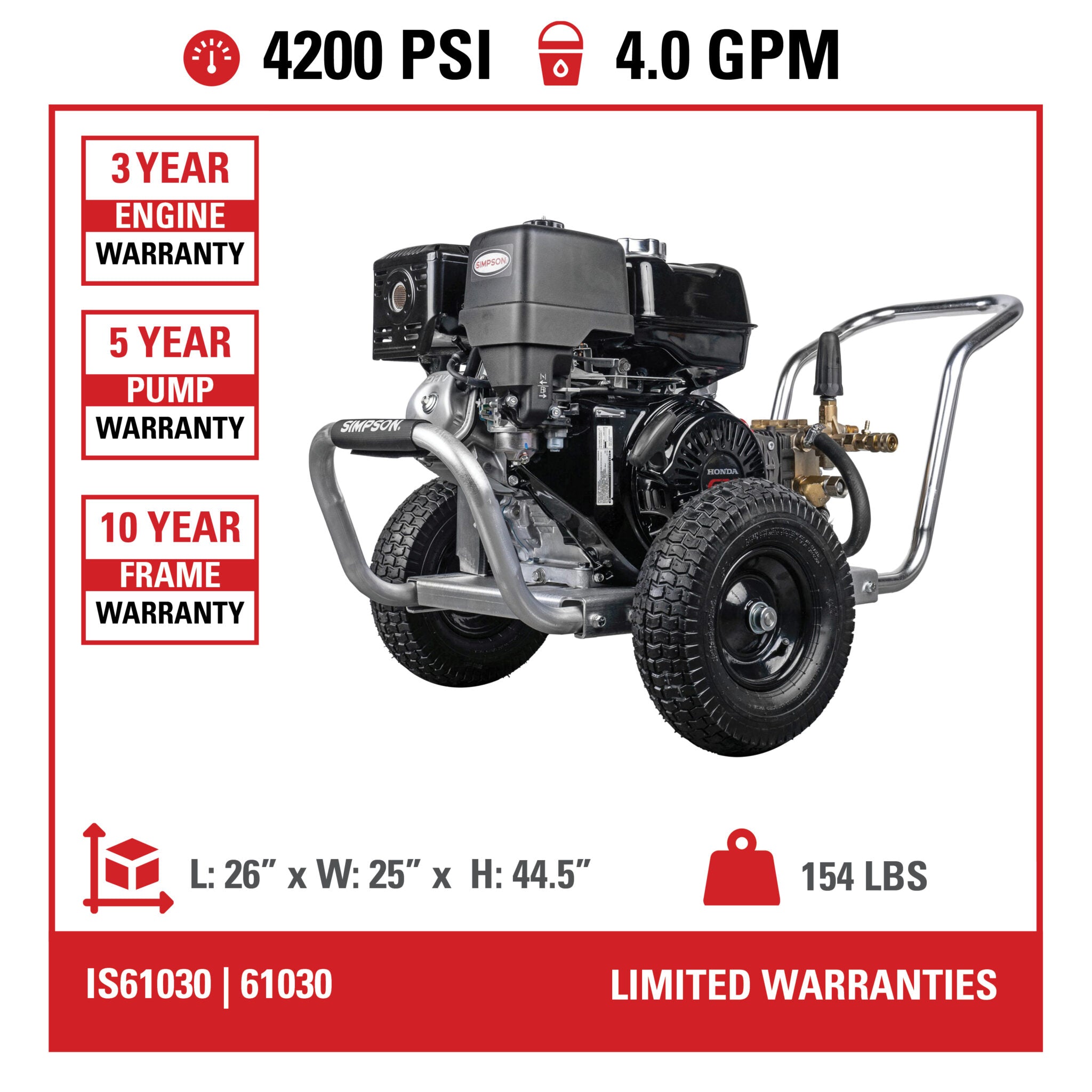 4200 PSI @ 4 GPM Belt Drive Honda GX390 Gas Pressure Washer w/ Comet Pump