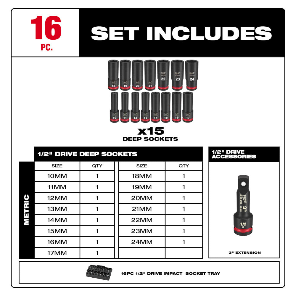 Milwaukee 49-66-6818 16-Piece SHOCKWAVE Impact Duty 1/2” Drive MM PACKOUT Tray Socket Set