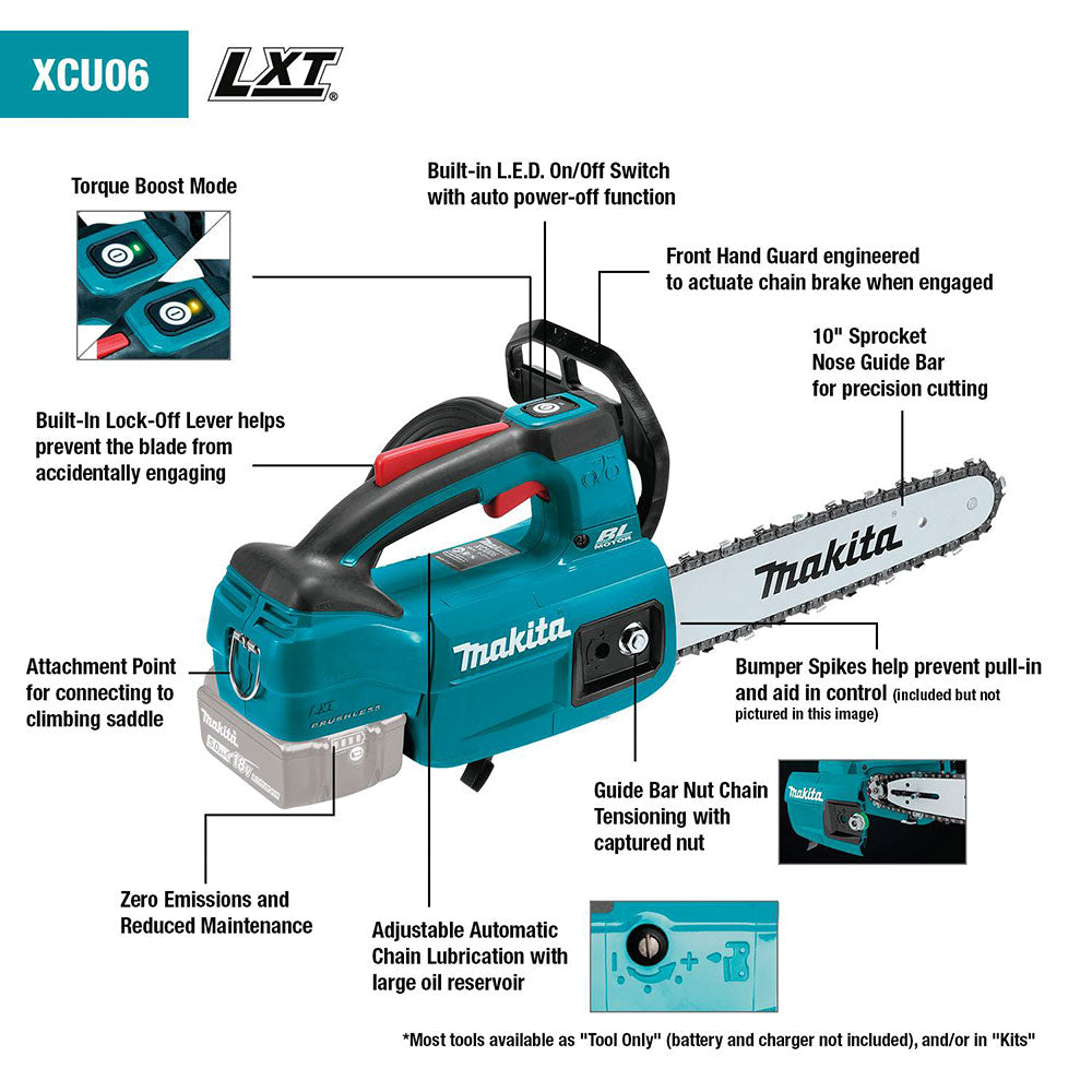 Makita XCU06Z 18V LXT Lithium‑Ion Brushless Cordless 10" Top Handle Chain Saw (Tool Only)
