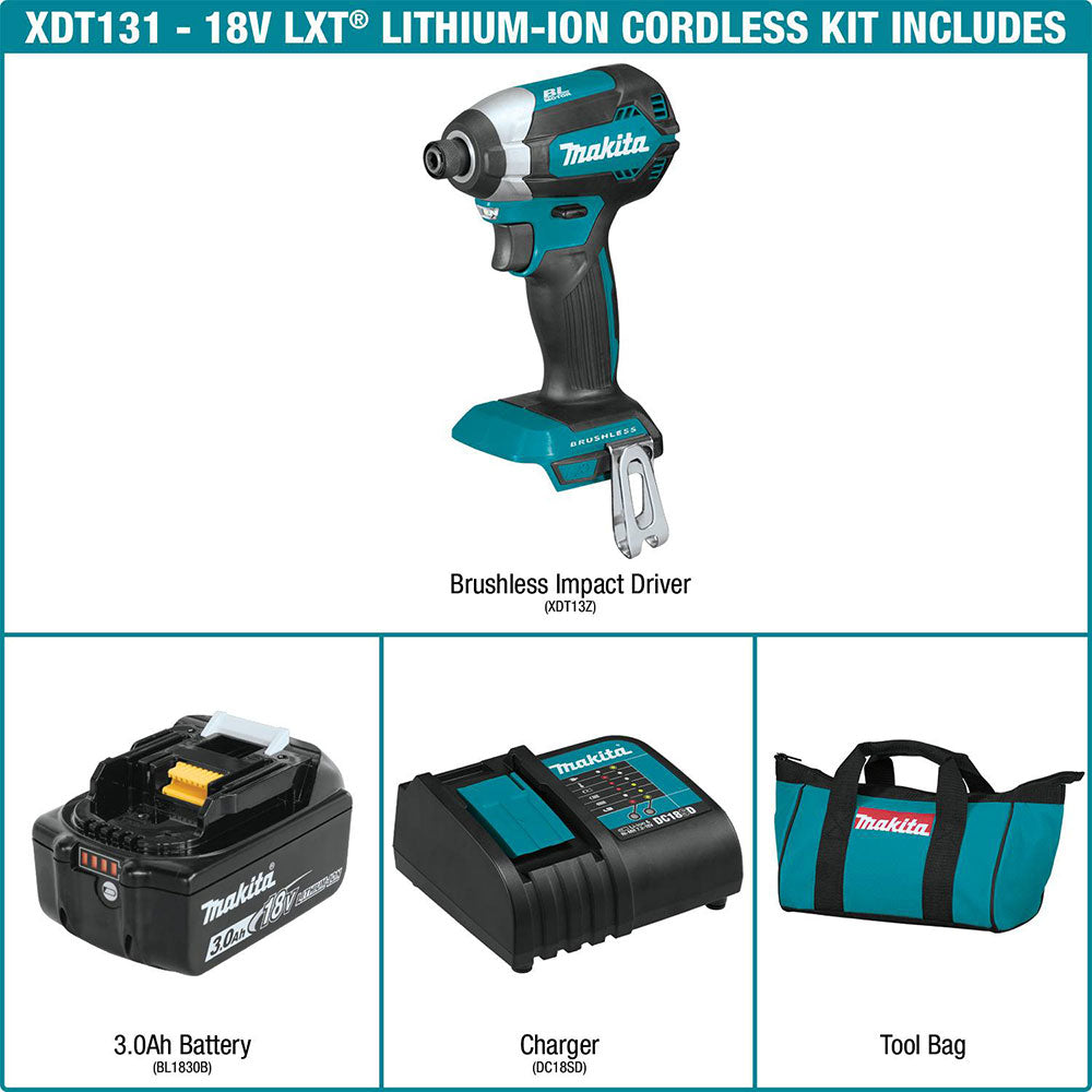 Makita XDT131 18V LXT Lithium-Ion Brushless Cordless 1/4" Impact Driver Kit (3.0 Ah)
