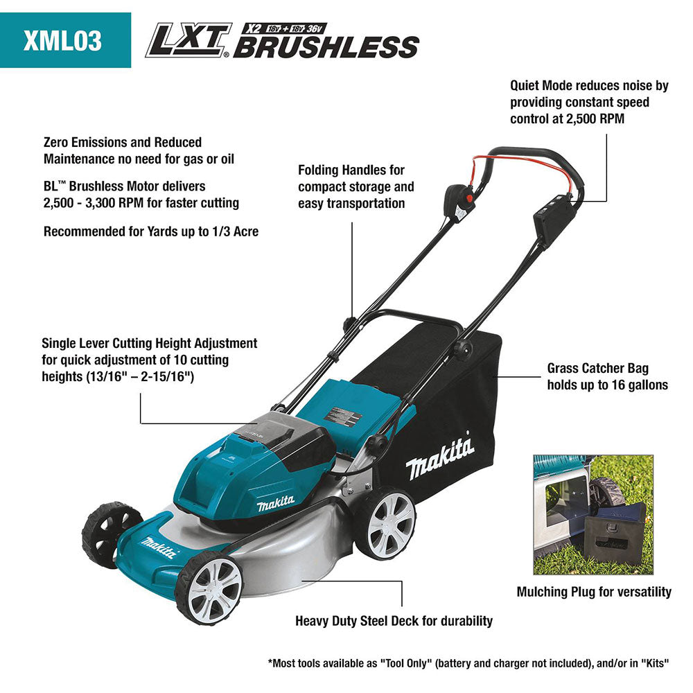Makita XML03CM1 36V (18V X2) LXT Lithium-Ion Brushless Cordless 18" Lawn Mower Kit with 4 Batteries (4.0Ah)