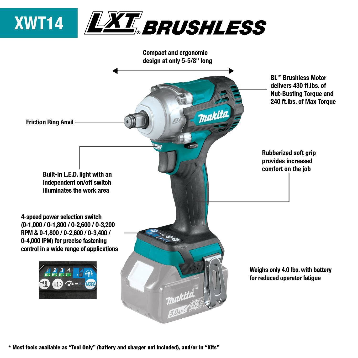 18V LXT Lithium‑Ion Brushless Cordless 4‑Speed 1/2" Sq. Drive Impact Wrench w/ Friction Ring Anvil (Tool Only)