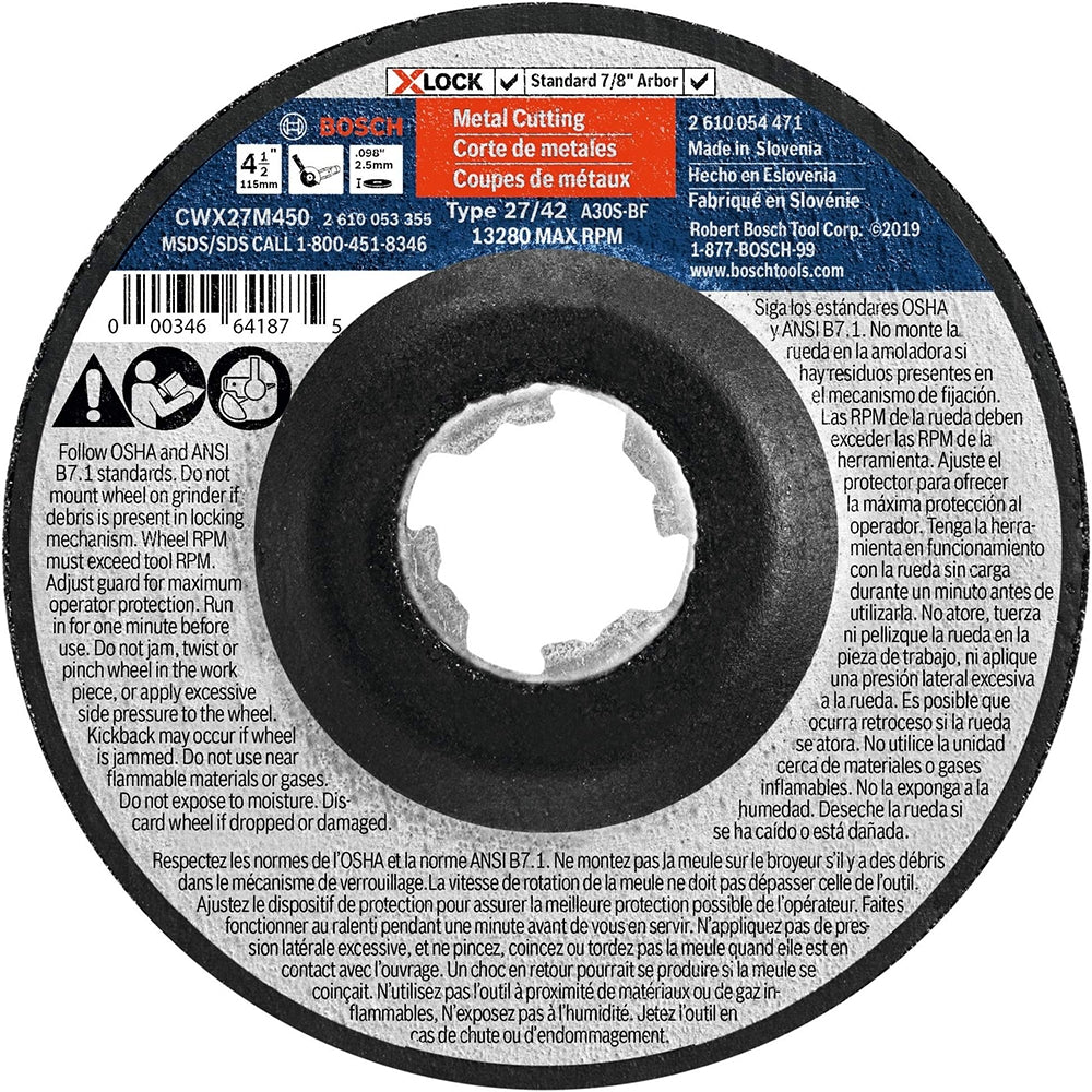 Bosch CWX27M450 4-1/2" x .098" X-LOCK Arbor Type 27A (ISO 42) 30 Grit Metal Cutting and Grinding Abrasive Wheel