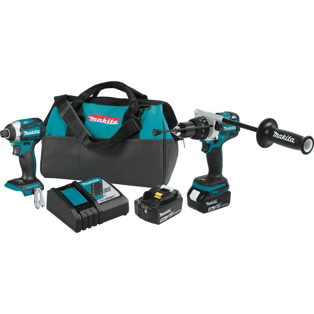 Makita XT268T 18V LXT Lithium-Ion Brushless Cordless 2-Tool Combo Kit with 1/2" Hammer Drill/Driver and 1/4" Impact Driver 5.0 Ah